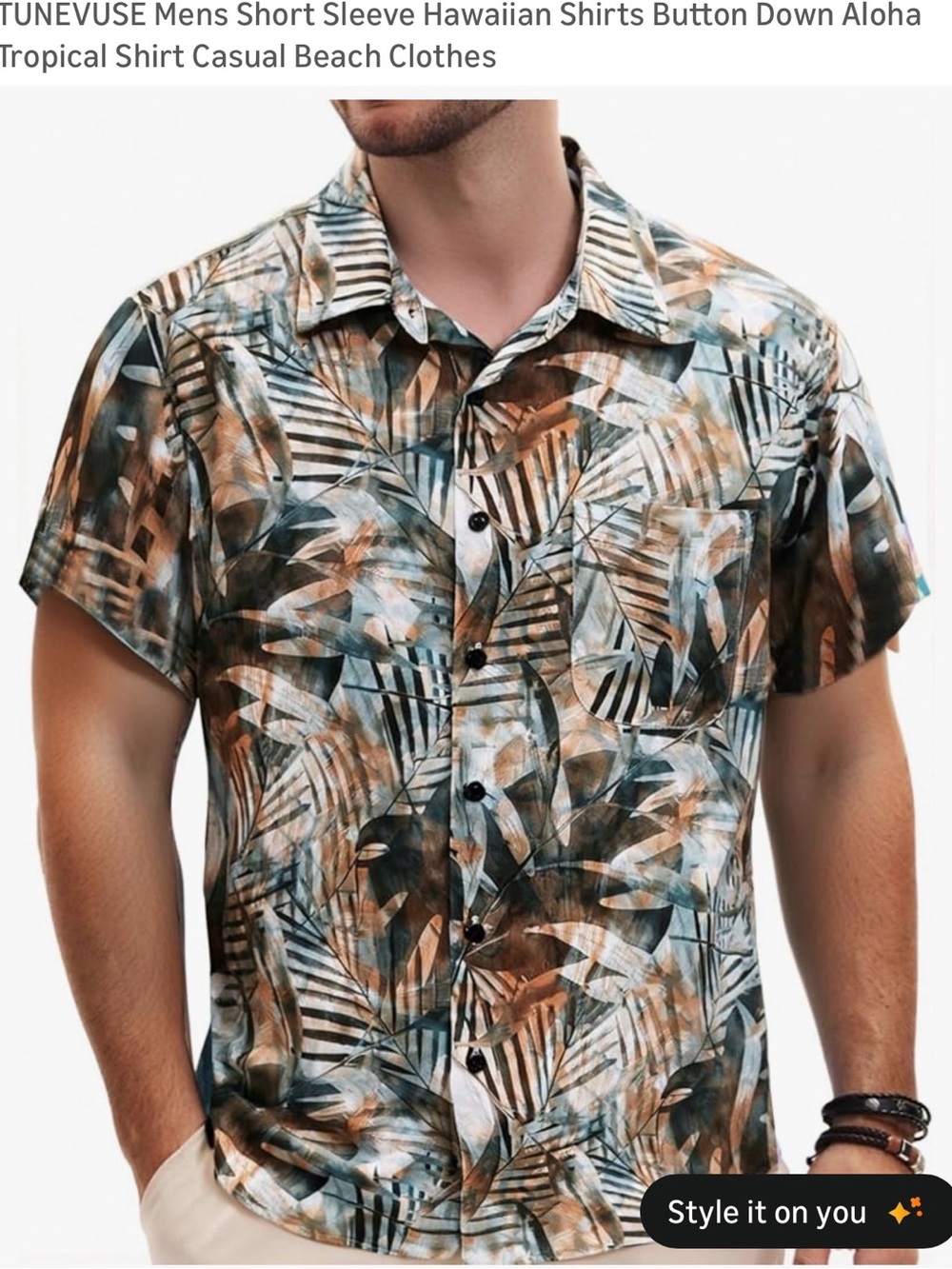 Amazon Essentials Men’s Short Sleeve Tropical Button-Down Shirt - Teal & Brown